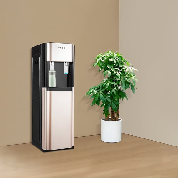 Bottom Loading Water Dispenser, Hot and Cold Water Cooler for 5 Gallon Bottle, Freestanding Small Office Water Dispenser, Stainless Steel, Gold