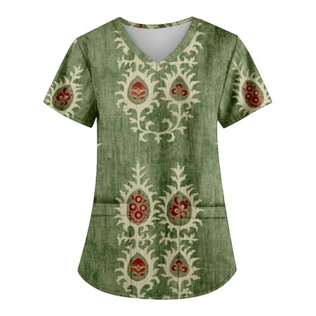 

Yyeselk Scrub for Women Clearance Casual V-Neck Short Sleeves Tunic Tops Trendy Fancy Graphic Print Working Shirts Blouses for Laides with Pockets Green XL