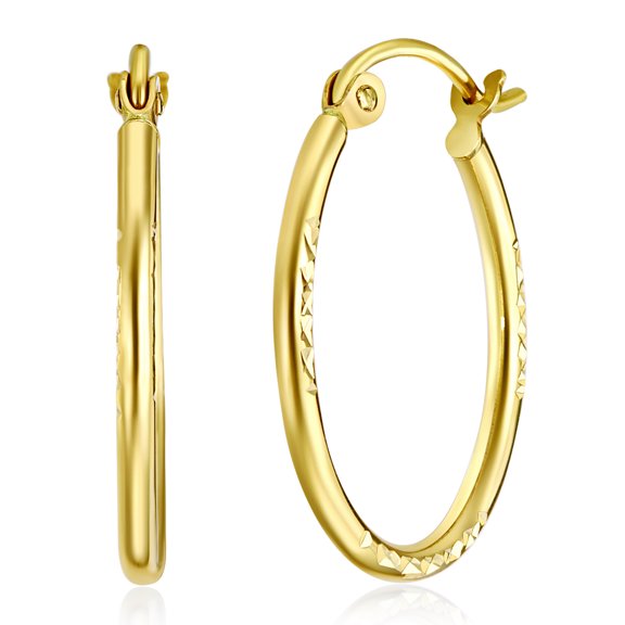 Wellingsale Ladies 14k Yellow Gold Polished Diamond Cut Satin 1.5mm Oval Hoop Earrings (15 x 20mm)