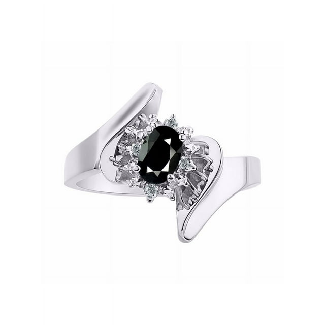 Rylos Bague de Designer Florale avec Pierre Précieuse Ovale 6x4 mm et Diamants Étincelants en Argent Sterling - Bijou Onyx Facetté Pierre de Naissance Taille 7