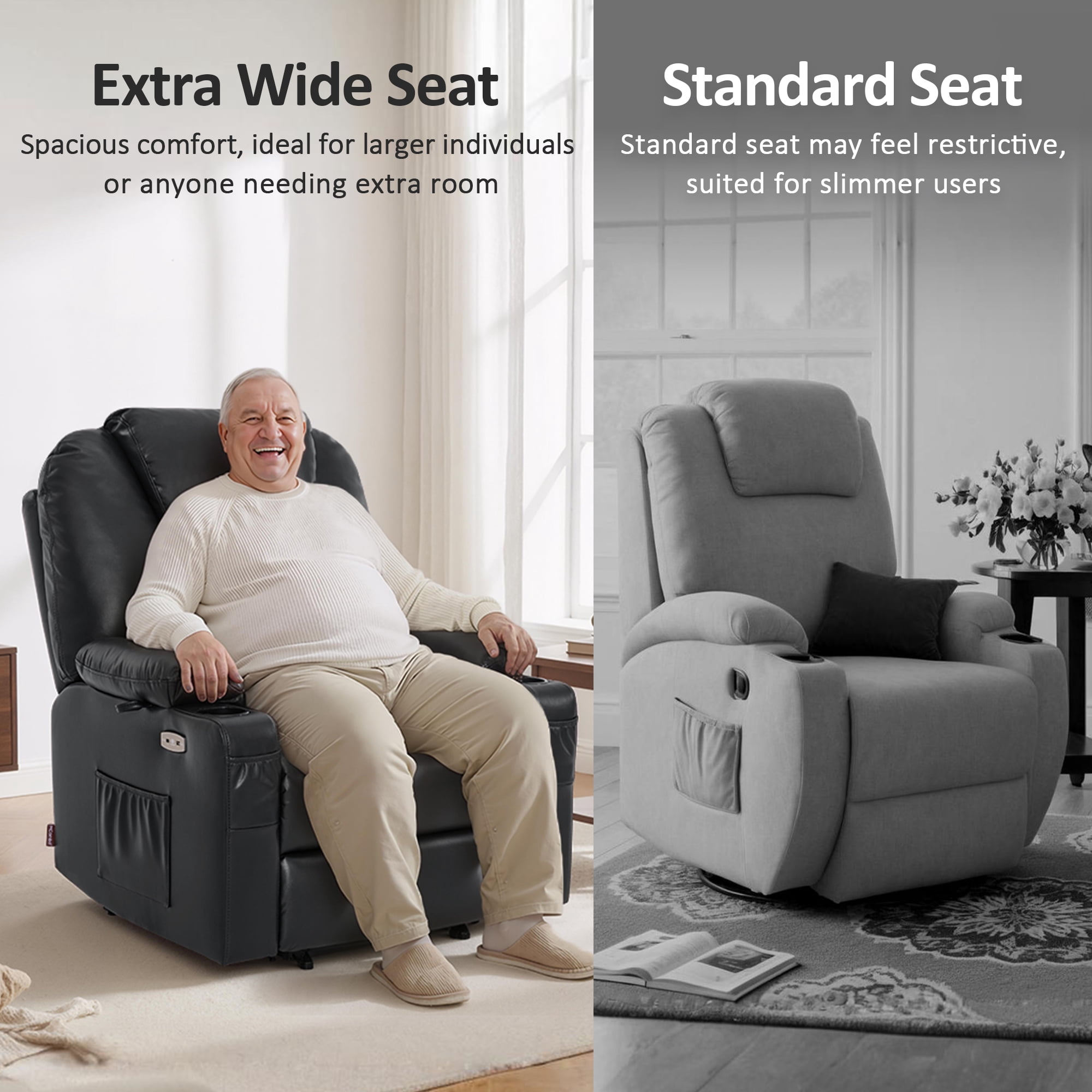 MCombo Large-Wide Power Lift Recliner Chair Sofa with Massage and Heat for Elderly People, Cup Holders, USB&Type C Ports, Side Pockets, Faux Leather (Black, Large-Wide)