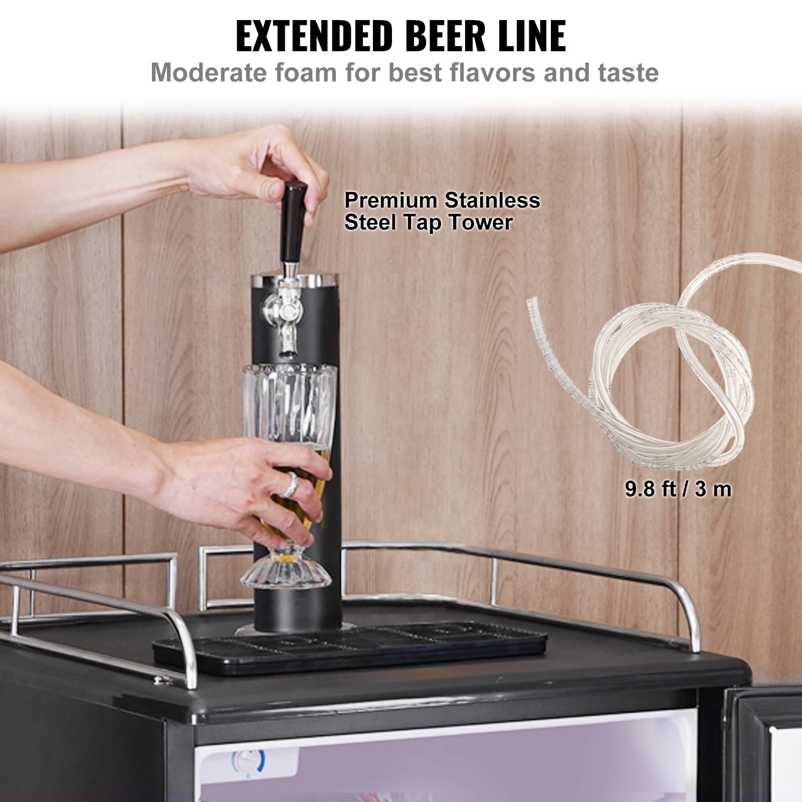 KFFKFF Single Tap Draft Beer Dispenser with Adjustable Temperature, Full-Size Keg Refrigerator Featuring Shelves, CO2 Cylinder, Drip Tray, and Rail, Compatible with 1/6, 1/4, and 1/2 Barrels