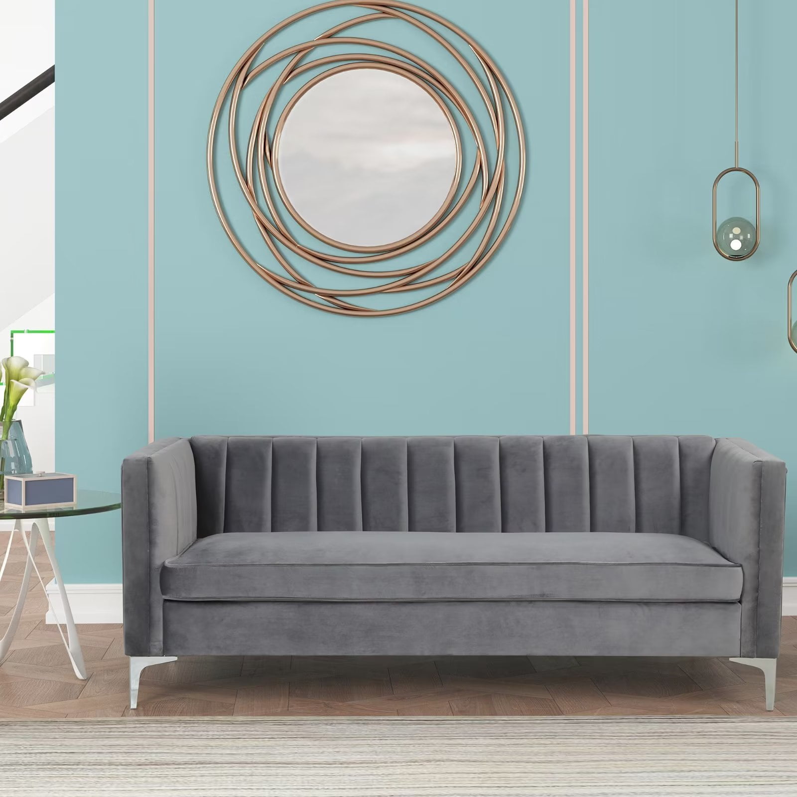 Morden Fort Contemporary Living Room Sofa Velvet Upholstered Couch Gray