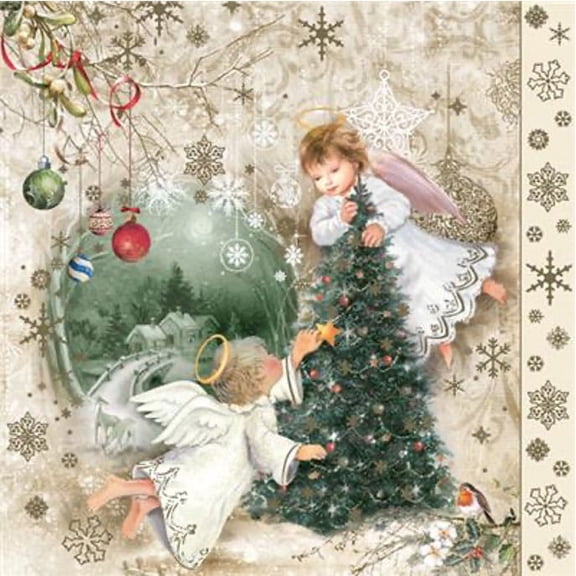 Angel Napkins VINTAGE ANGELS BY CHRISTMAS TREE 40pcs Lunch Napkins, Christmas Paper Napkins for Decoupage, Vintage Christmas Napkins