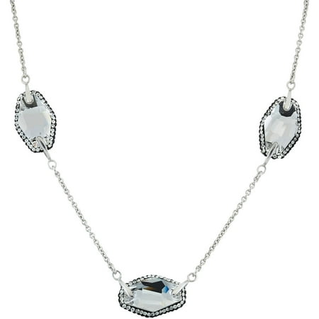 5th & Main Rhodium-Plated Sterling Silver 3-Stationed Clear Swarovski with Black Pave Crystal Necklace