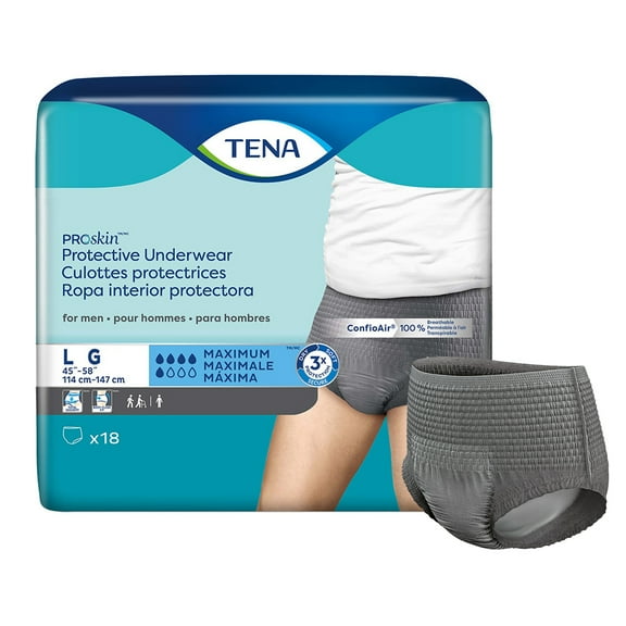 TENA ProSkin Mens Underwear, Incontinence, Gray, Disposable, Large, 72 Ct