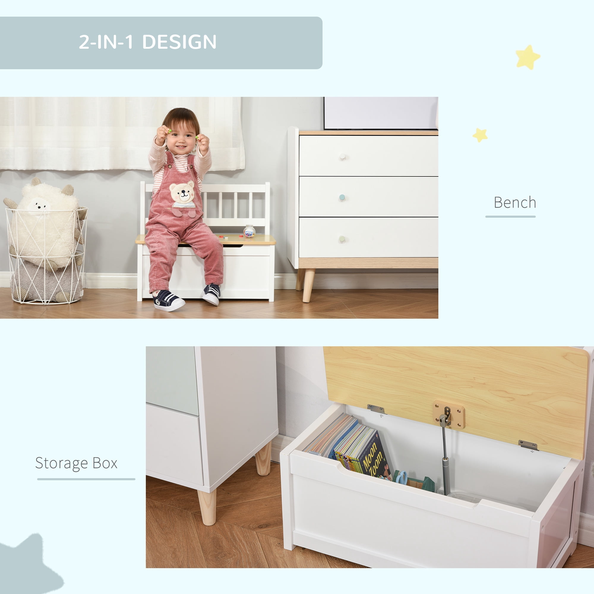 Qaba 2-in-1 Kids Wooden Toy Organizer Chest Storage Box with Seat Bench Cabinet Chunk Cube with Safety Pneumatic Rod White