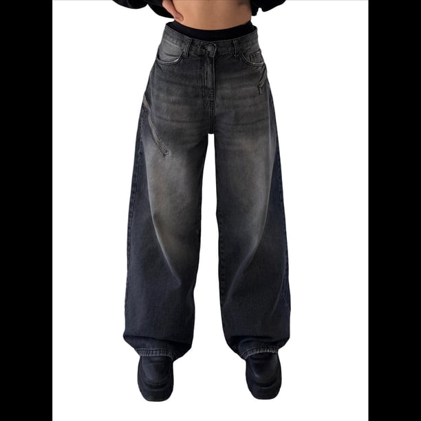 Pantalones Vaqueros de Pierna para Mujer, Desgastados, de Cintura Media, Estilo Vintage Y2K. Negro M