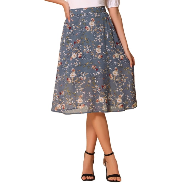 Falda Midi A-Line Floral Print Chiffon Vintage Verano M Gris Azul