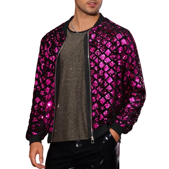 CHAQUETA CHIC para Hombres Chaqueta de Béisbol con Lentejuelas Argyle Chaqueta Brillante para Fiesta Club Color Rojo Rosa