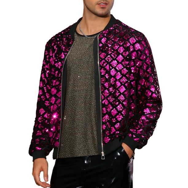 CHAQUETA CHIC para Hombres Chaqueta de Béisbol con Lentejuelas Argyle Chaqueta Brillante para Fiesta Club Color Rojo Rosa