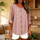 thumbnail image 3 of Camiseta de Lino de Color Sólido Casual de Manga Larga de las Mujeres con Botones Decorativos Y Cuello Redondo, Acento a Rayas para el Uso Diario de Primavera, Túnica de Moda, 3 of 8