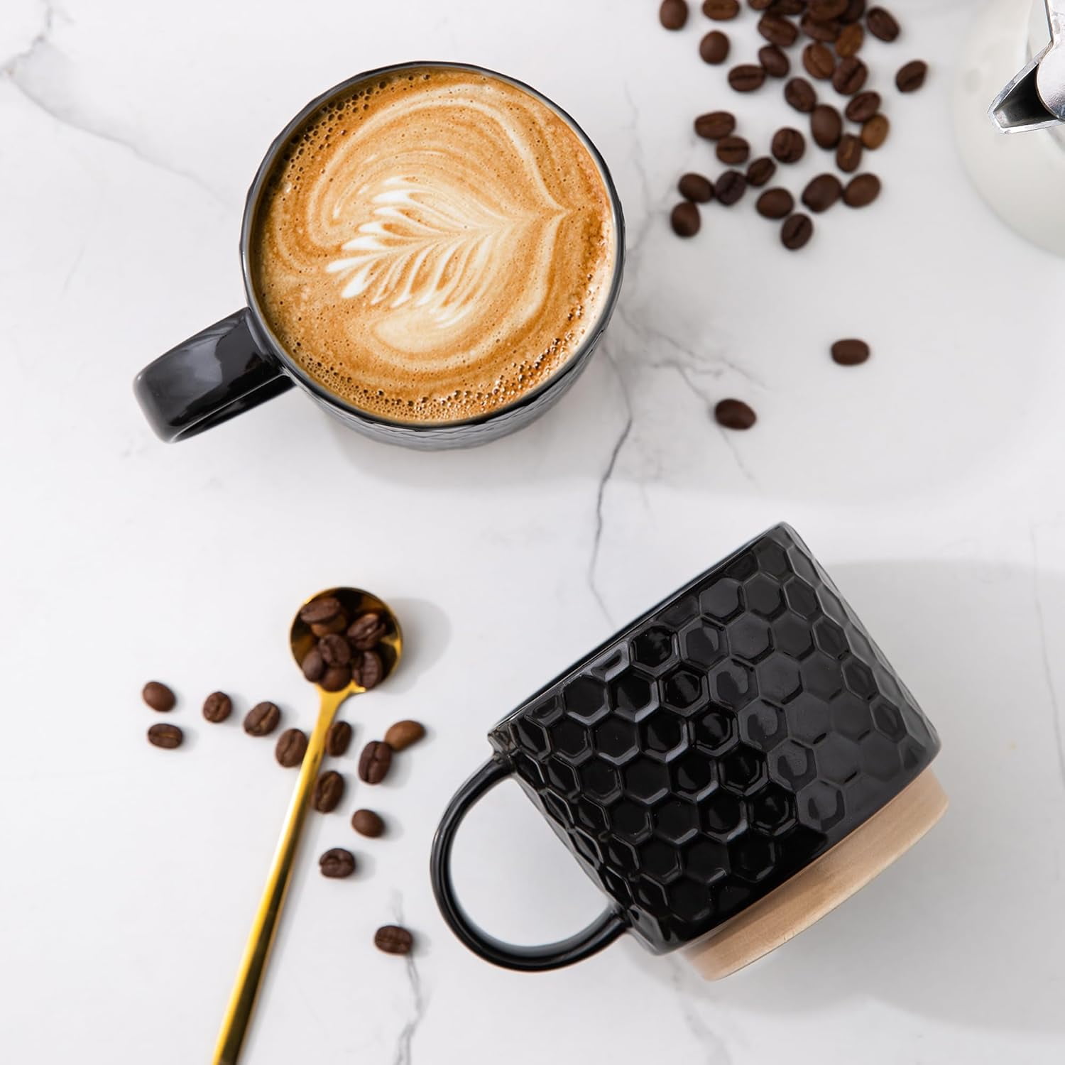 AmorArc 15OZ Stackable Coffee Mugs, Ceramic Coffee Mugs with Texture Patterns for Man,Woman,Dad,Mom, Modern Coffee Mugs Set of 4 for Latte/Cappuccino/Cocoa. Dishwasher&Microwave Safe, Black