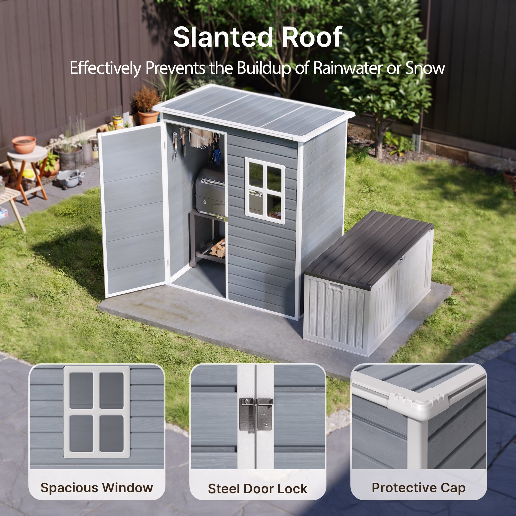 5 x 3 Ft Outdoor Storage Shed with Lockable Door, Weatherproof Resin Garden Shed with Floor & Ventilation for Patio, Lawn, Gray