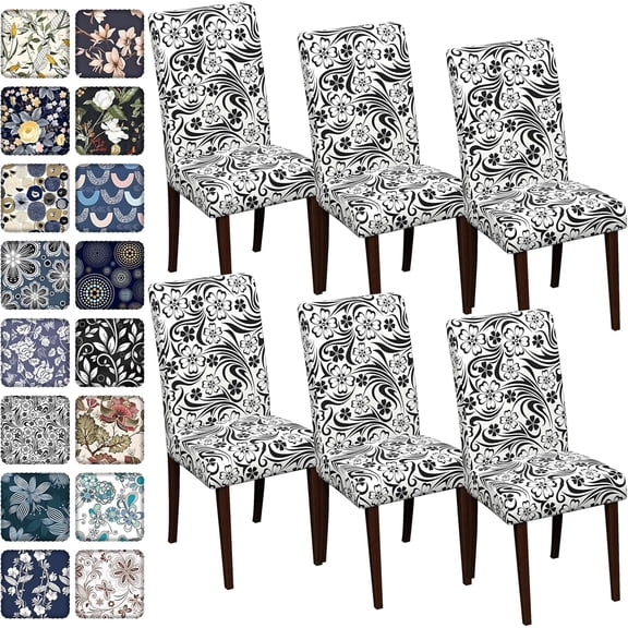 Chair Covers Dining Room Set of 6,Printed Patterned Stretch Non Slip Chair Slipcover Removable Washable Kitchen Chair Protector Cover for Home Hotel Banquet Party Office (Black White Scroll Flower)