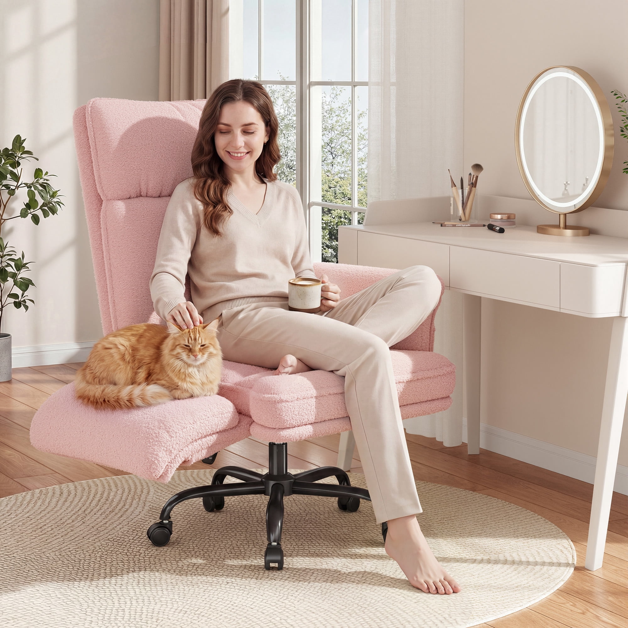 Romorgniz Criss Cross Chair with Armrests & Wheels Ergonomic Computer Gaming Chair with Two Side Pockets Teddy Plush Wide Seat Reclining Desk Chair for Home Office, Pink