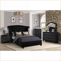 Bedroom Furniture Set, Queen 5-Piece Modern Acacia Wood with Crystal Tufting, Black | Wood | Black