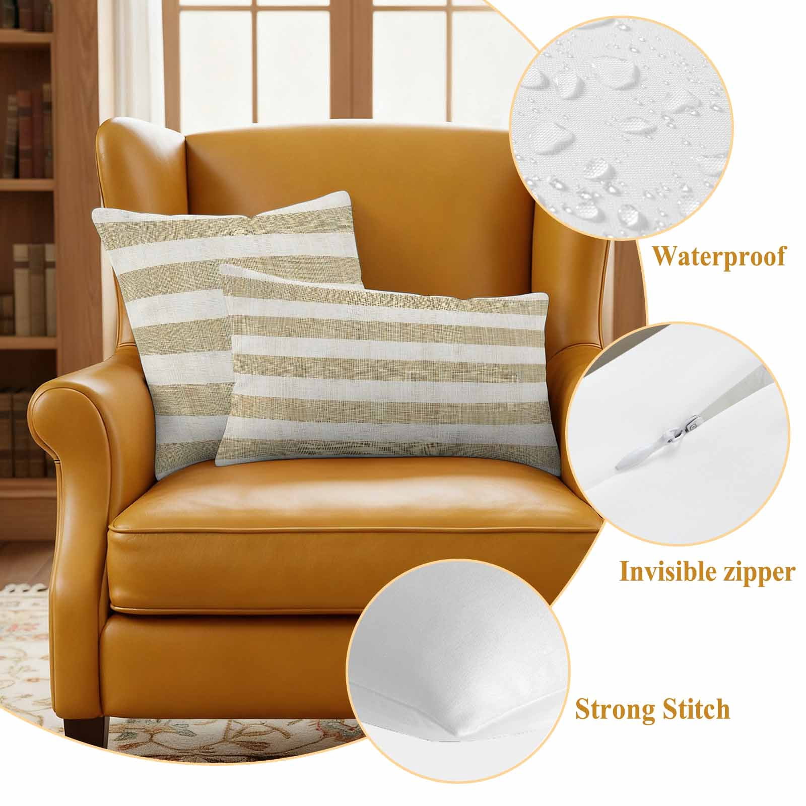 Cream Striped Outdoor Waterproof Pillow Covers, Farmhouse Vintage Brown Stripes Decorative Rectangle Throw Pillowcase Sofa Cushion Sham for Patio/Couch/Chair, 20"x12" 2 Pack