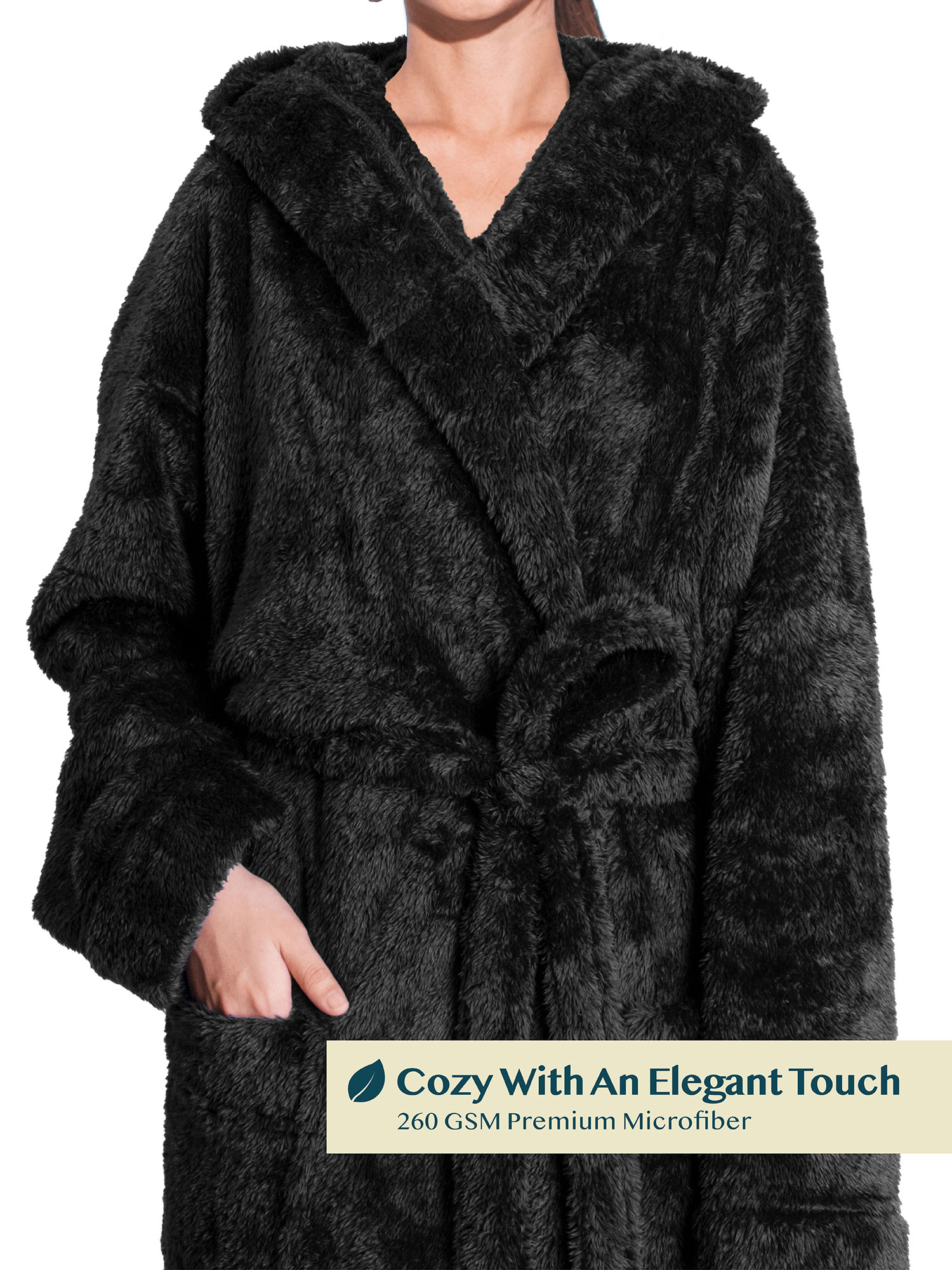 PAVILIA Women Hooded Plush Soft Robe | Fluffy Warm Fleece Sherpa Shaggy Bathrobe (L/XL, Black) - image 3 of 7