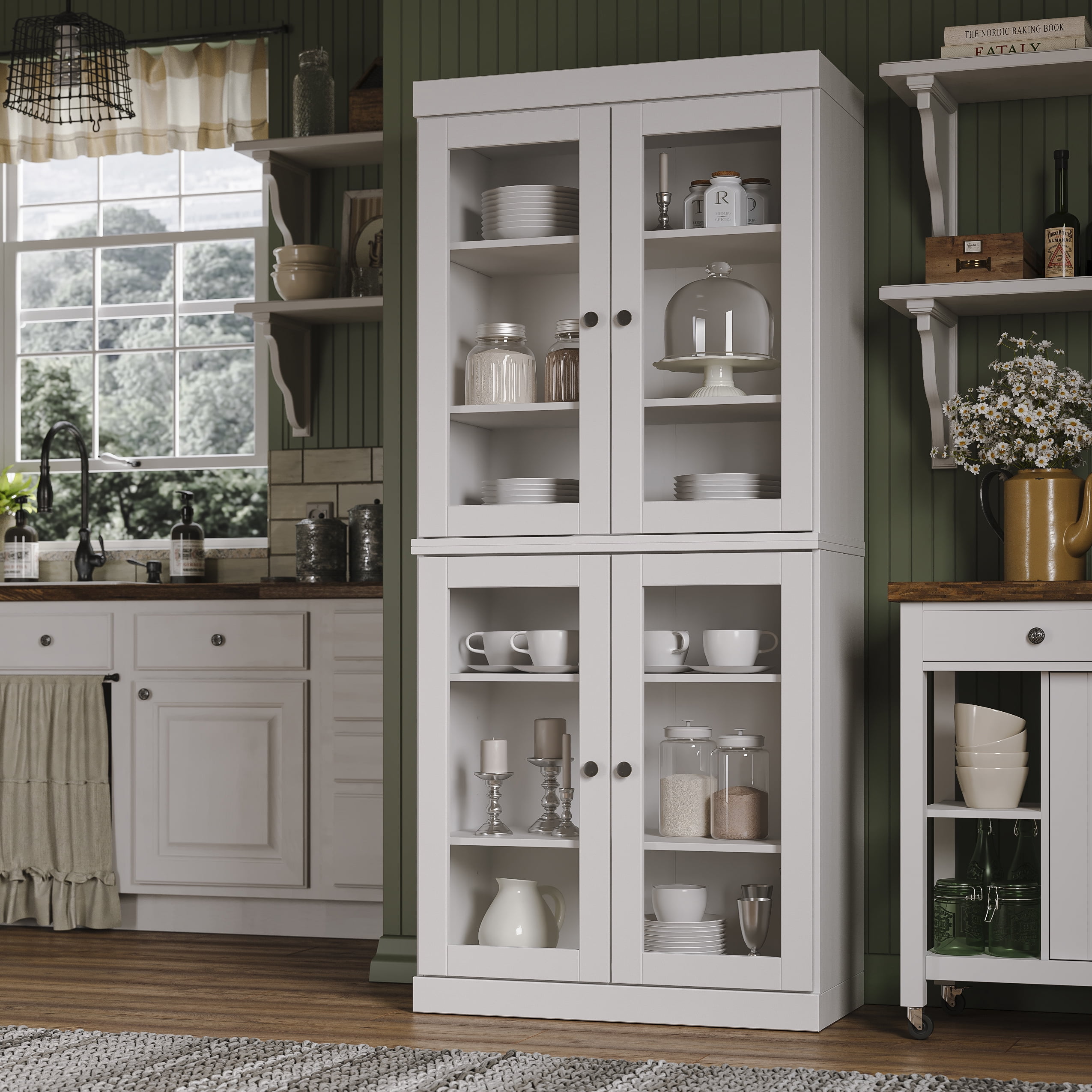 Palace Imports 100% Solid Wood Kitchen Pantry Storage Cabinet with Glass Doors and Adjustable Shelves, White