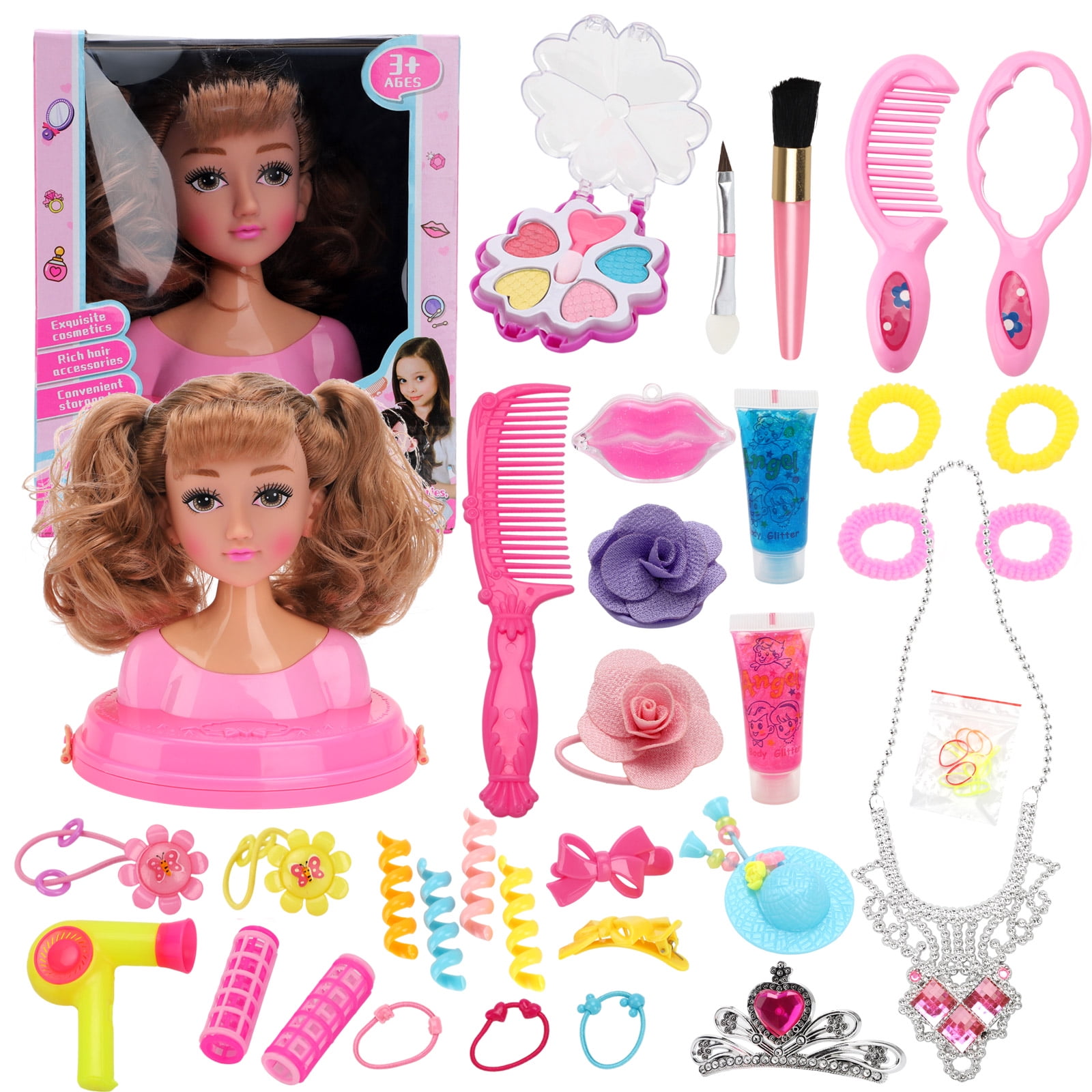  Makeup and Hair Styling Doll Head Toy Kit - Kids Pretend Play  Set with Real Washable Cosmetics and Style Accessories for Little Girls :  Toys & Games