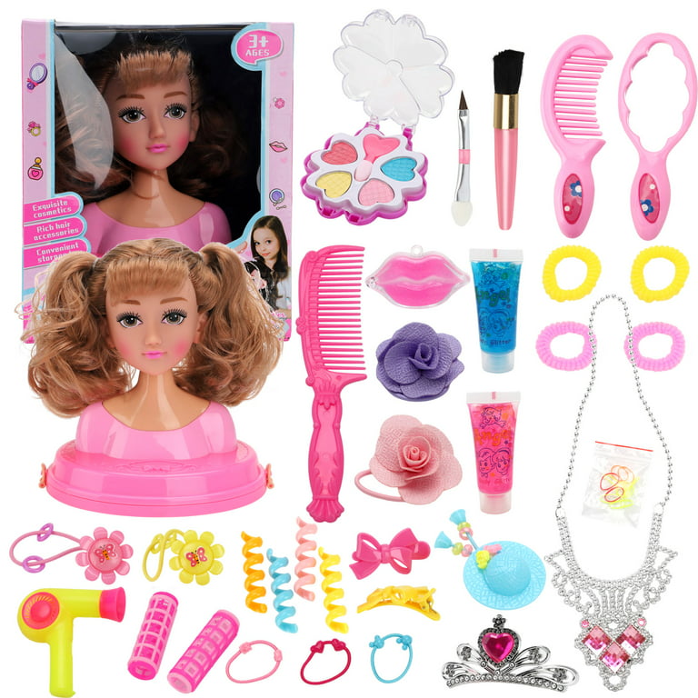 Kids Dolls Styling Head Makeup Comb Hair Toy Doll Set Pretend Play Princess Dressing Play Toys for Little Girls Makeup Learning Ideal Present, Size