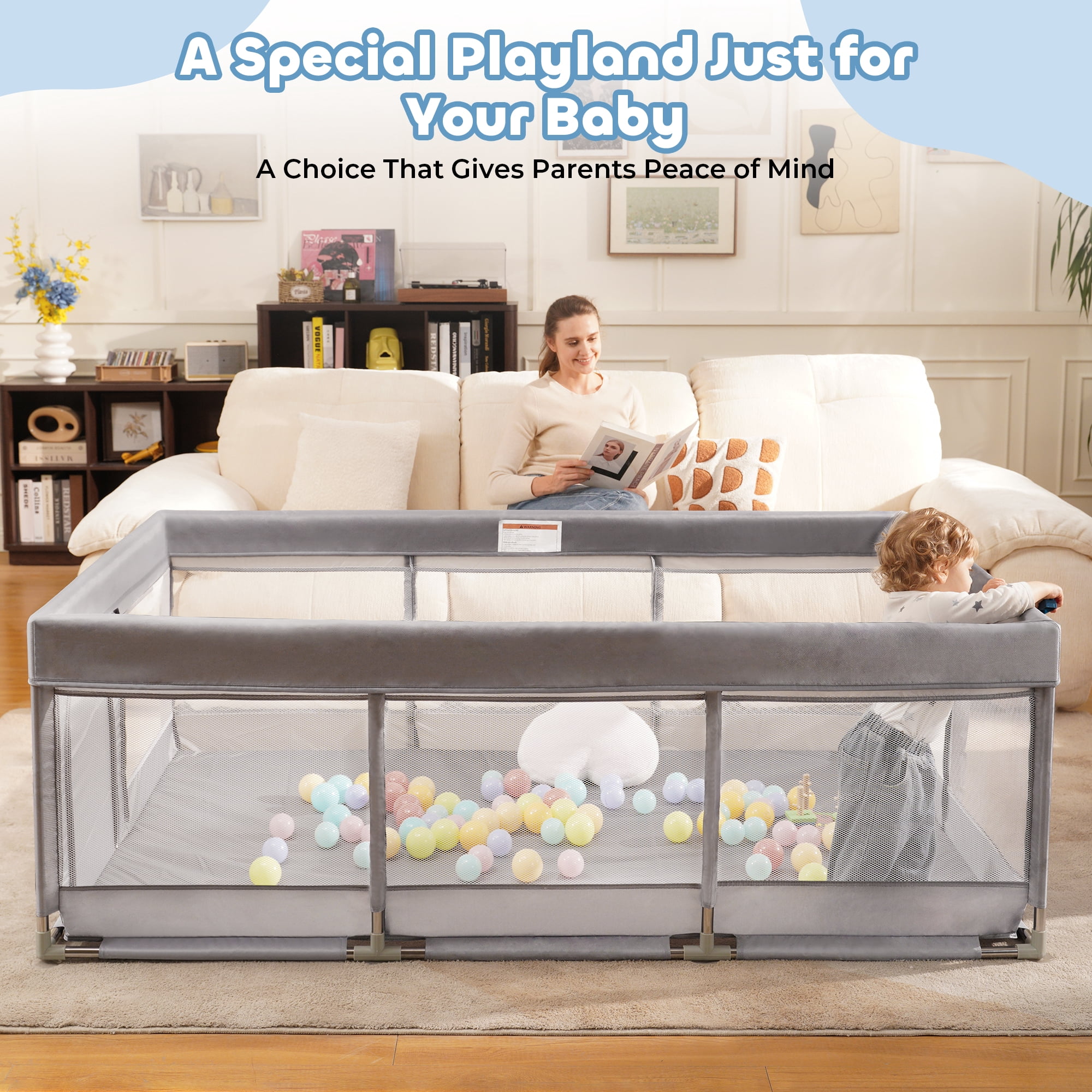 Babyeap Baby Playpen Large Play Yard Fence for Toddlers,71"x50" Gray