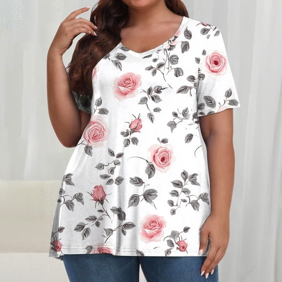 Gamivast Womens Plus Size Tops Oversized V Neck Short Sleeve Floral Print Blouses Soft Casual Loose Tunic Going Out Shirts Spring Summer Fashion Wear