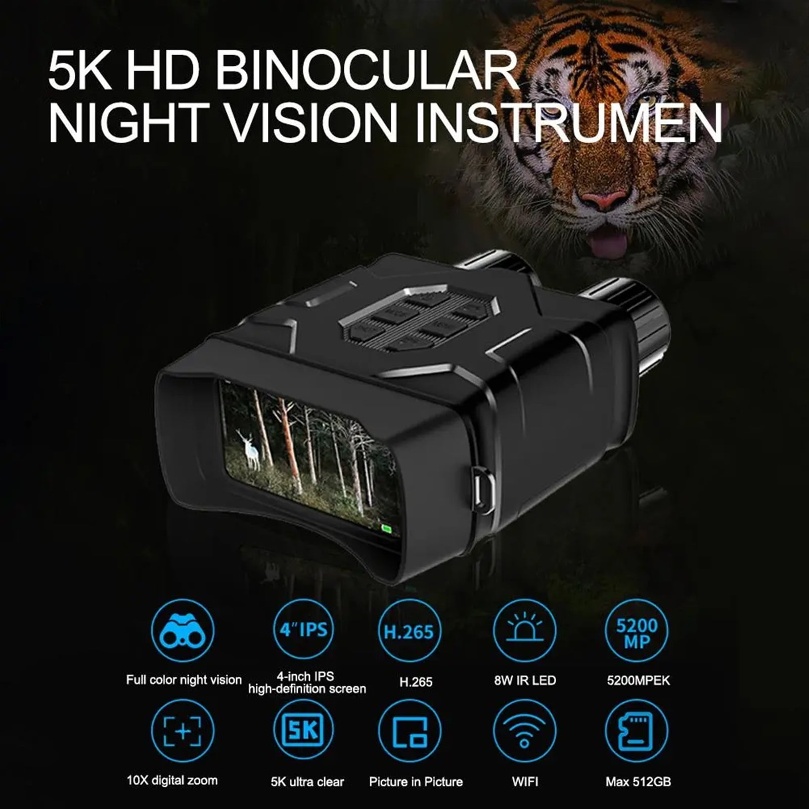 800M Night Vision Goggles IPS 5K Ultra High Definition 10X Digital Zoom Infrared Binoculars Telescope for Camping