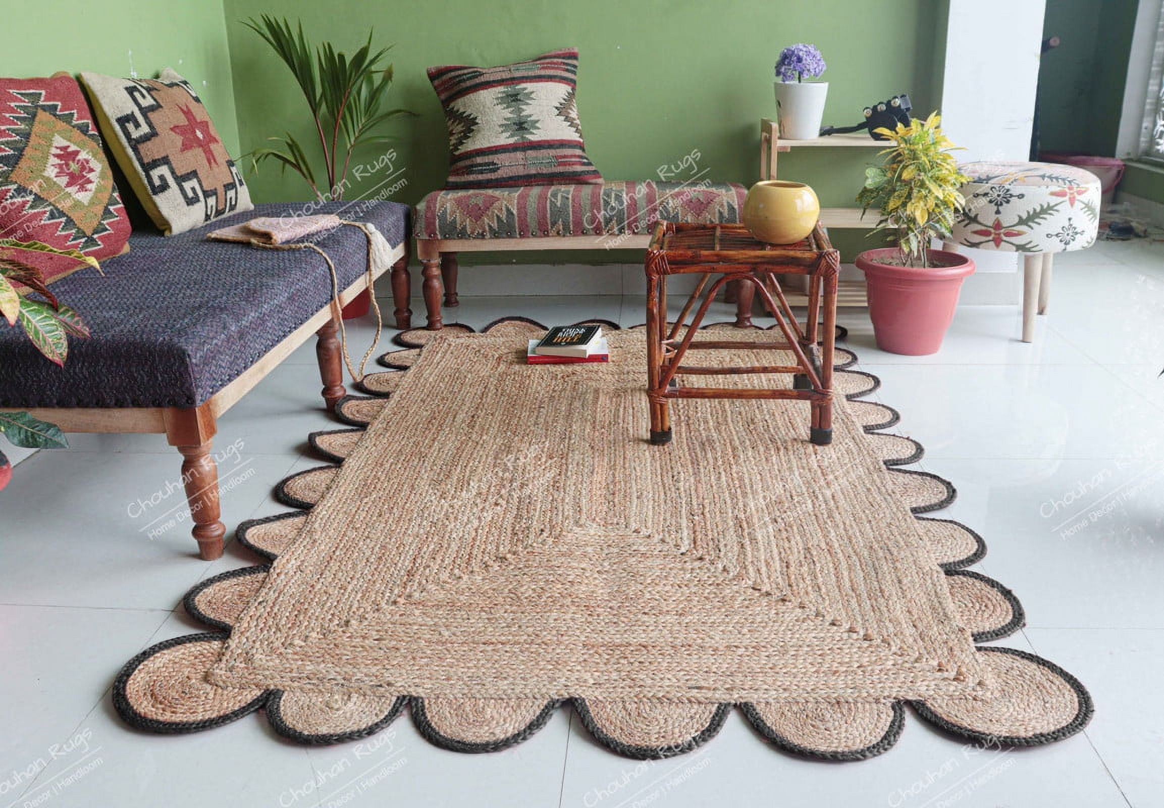 Chouhan Rugs Natural Jute Dark Grey Scalloped Rug Bohemian Rug Decor Rug Handwoven Rug Custom Rug Decorative Rug