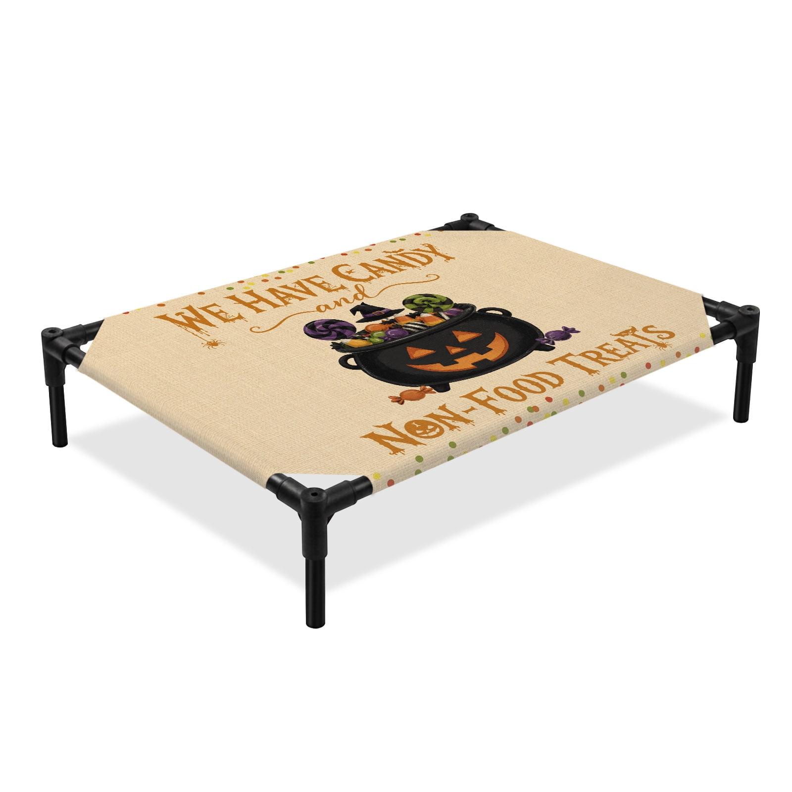 We Have Candy Elevated Dog Bed Halloween Whimsical Orange Pumpkin Pot Non Food Treats Cooling Breathable Outdoor Raised Dog Cot Bed with Metal Frame Non-Slip Feet for Large Dog 28x22in