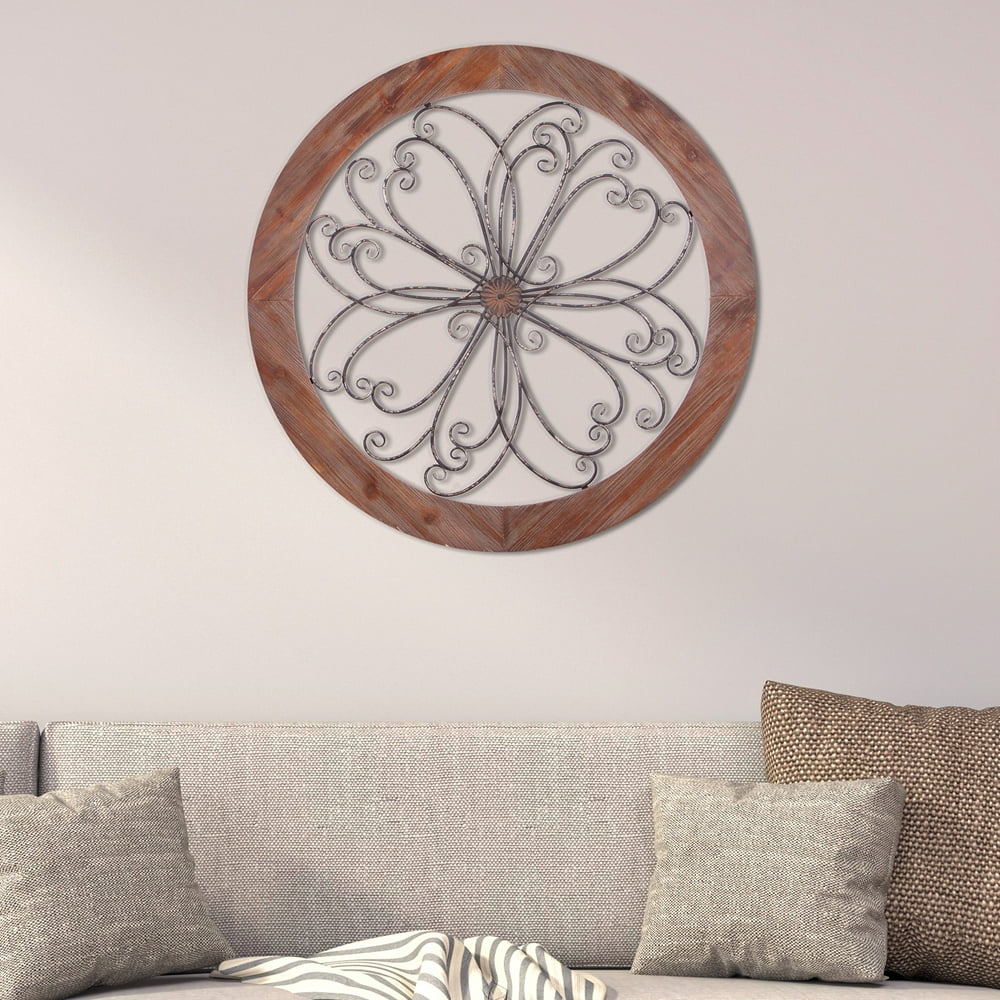 Patton Wall Decor Rustic Round Wood and Metal Decorative Scroll Wall