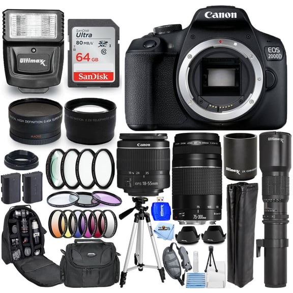Canon EOS 2000D / Rebel T7 (International Model) 18-55mm IS II 75-300mm III 500mm/1000mm Bundle