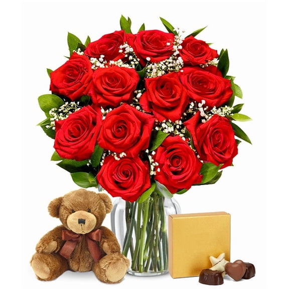 From You Flowers - One Dozen Red Roses with Chocolates & Teddy Bear for Birthday, Anniversary, Get Well, Congratulations, Thank You, All Occasions