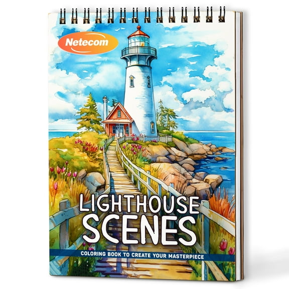 Netecom Lighthouse Scenes Coloring Book Spiral Bound For Adults, A5 Wooden Cover, 30 Calm Coloring Pages of Seaside Bluffs for Stress Relief and Relaxation