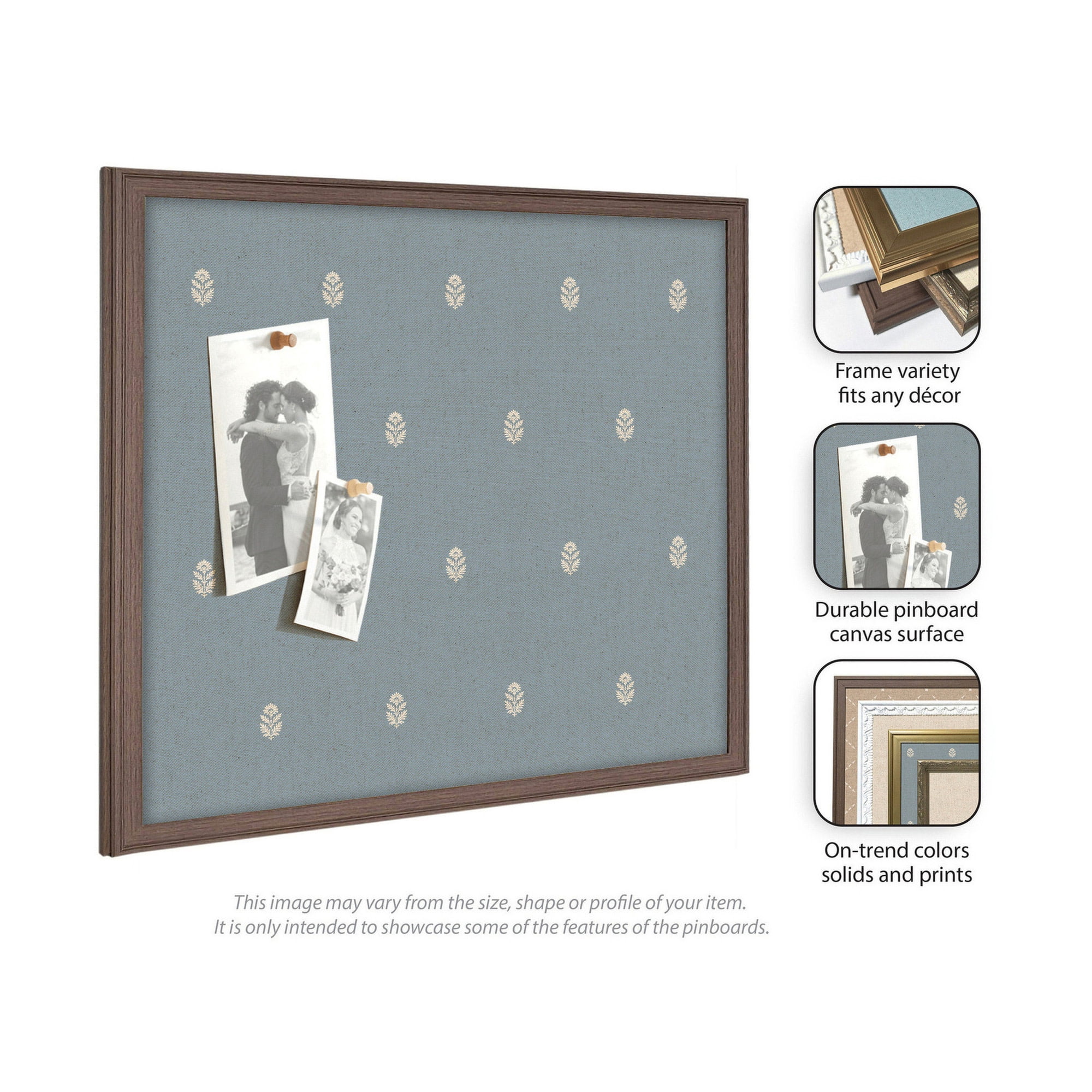 Kate and Laurel Framed Fabric Pinboard 18 x 42, Blue Botanical Block Print Printed Linen Classic Bulletin Board for Use as a Vision Board or Wall Organization, Florence Silver Frame