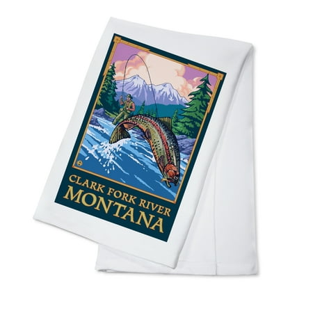 Clark Fork River, Montana - Angler Fly Fishing Scene (Leaping Trout) - Lantern Press Poster (100% Cotton Kitchen
