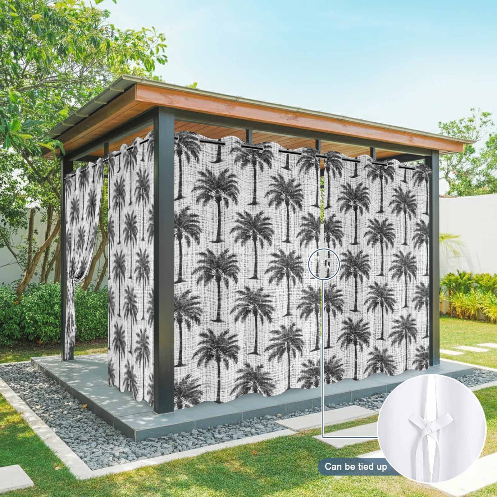 Dark Gray Palm Tree Outdoor Curtains for Patio, Country Linen Texture Tropical Plant Coastal Sunshade Privacy Drapes Grommet Waterproof Outside Curtains for Porch/Cabana/Balcony 54"x 108", 1 Panel