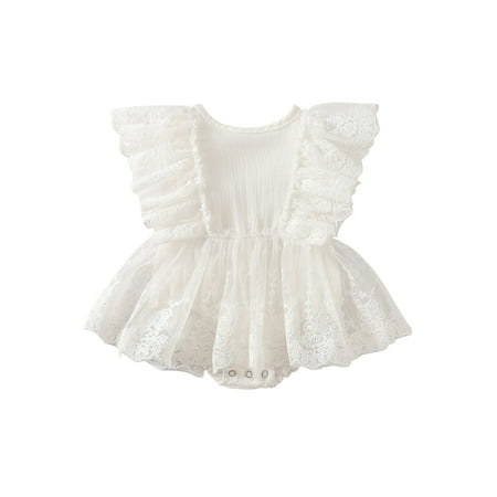 

RSRZRCJ Infant Girls Romper Tutu Skirt White Fly Sleeves Round Neck Lace One-piece 0-18 Months