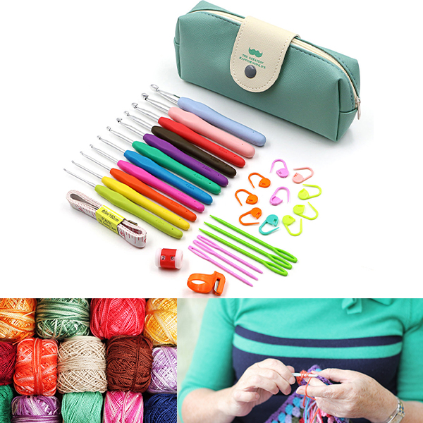 Crochet Hooks Kit Yarn Knitting Needles Sewing Tool Grip Bag Craft 30Pcs//Set
