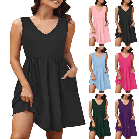 Lenago Women's Plus Size Summer Dresses Fashion Holiday Summer Solid Color Sleeveless Party Beach Dress