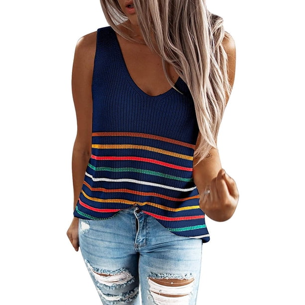 Camisetas sin mangas de punto con cuello en V para mujer, blusas sueltas informales de verano Fokelyi WRHS-27-3