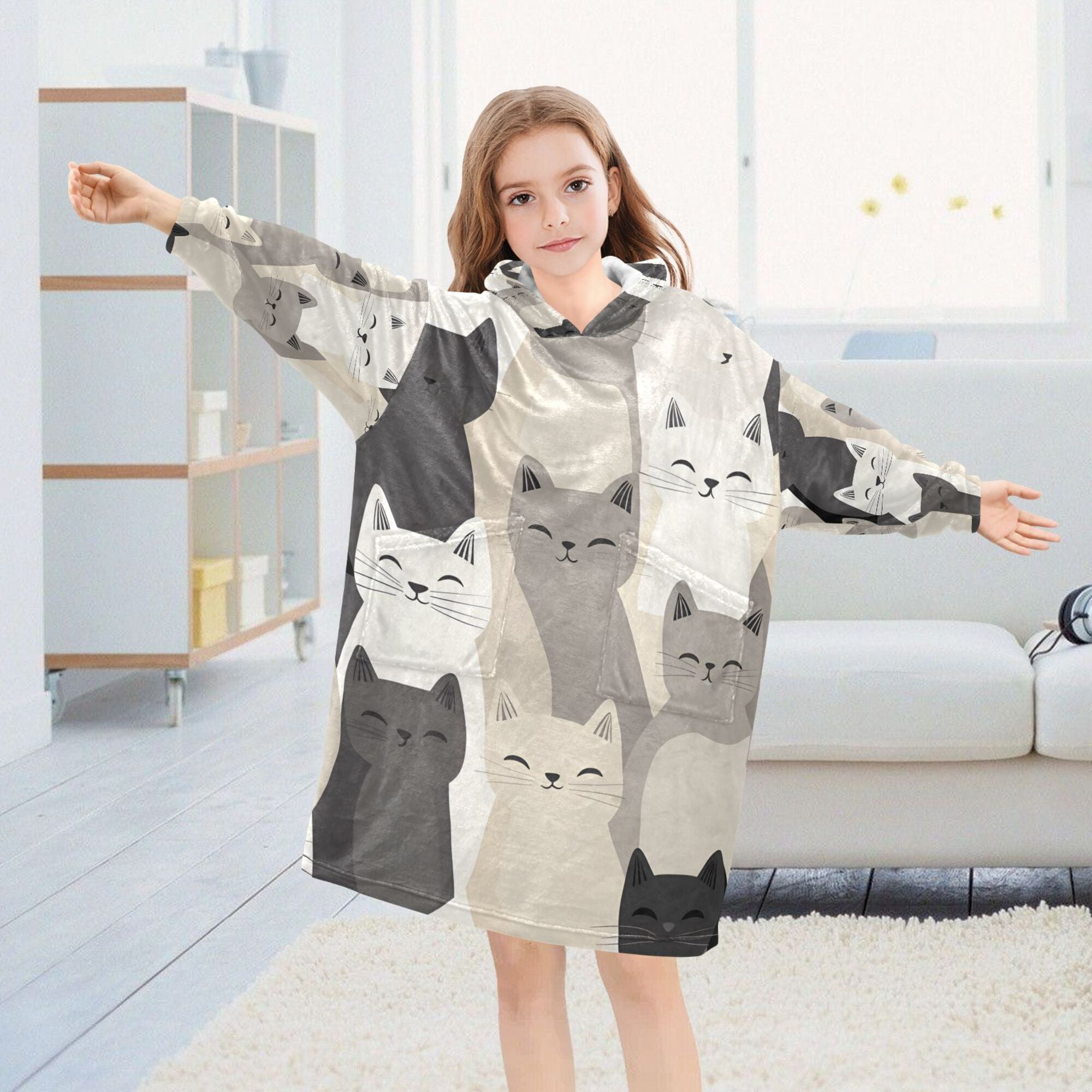 FORMRS Wearable Blanket Hoodie with Sleeves for Kids Cozy Flannel Sweatshirt, Beige Cute Cats