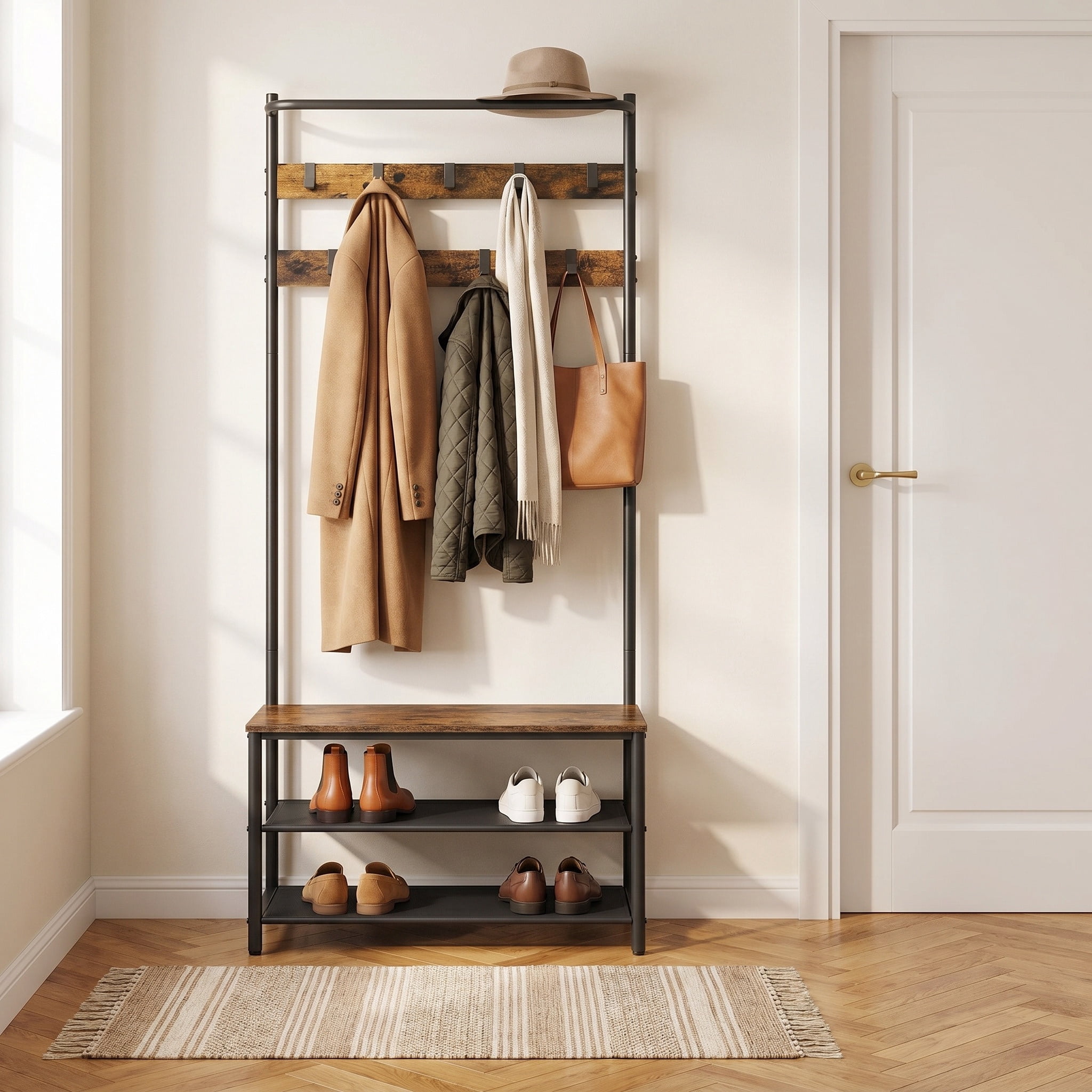 Nordic Hygge3-in-1 Industrial Hall Tree with Shoe Storage Bench, Rustic Walnut & Black