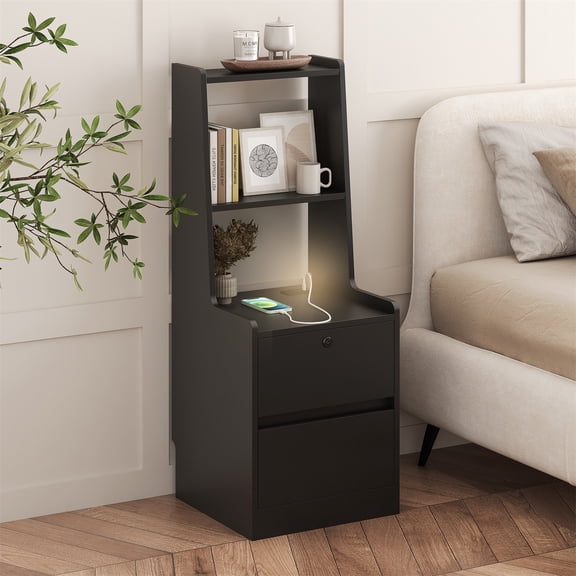 Hommoo Nihgthstand with 2 Drawers and Bookshelf, Modern Bedside Table with Night Light and Charging Station, Black