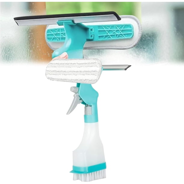 Cepillo de limpieza multifuncional 4 en 1, limpiador de ventanas de doble cara con raspador, rociador, cepillo de felpa y cepillo duro, herramienta de limpieza del hogar para espejos de ventanas, cerá