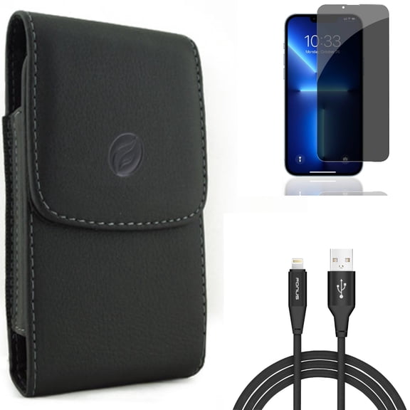 Case Belt Clip & Privacy Screen Protector & 6ft USB Cable for iPhone 13/Pro - Combo with Leather Holster Cover & Tempered Glass Curved Anti-Spy & Charger Cord Power Wire