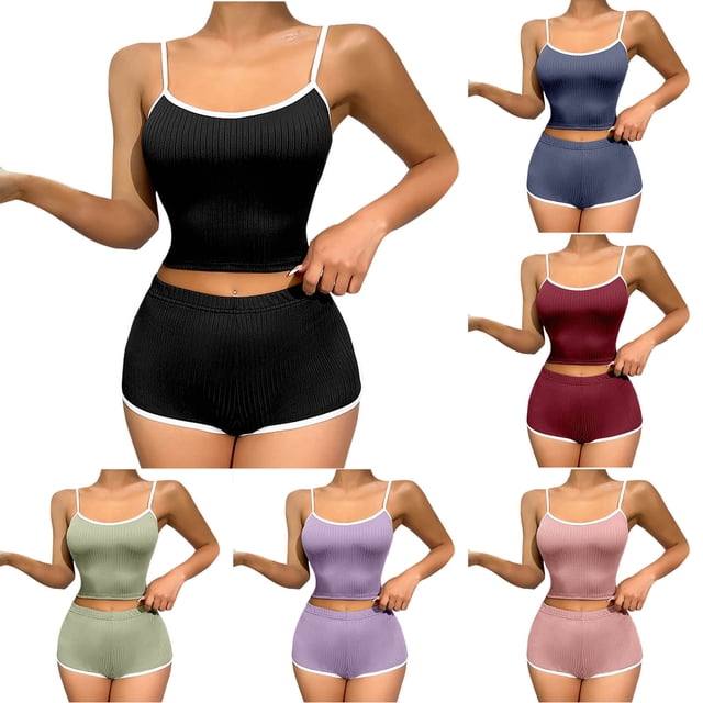 JDQJBZ Womens Loungewear Round Neck Sleeveless Solid Color Cami Top and Elastic Waist Shorts