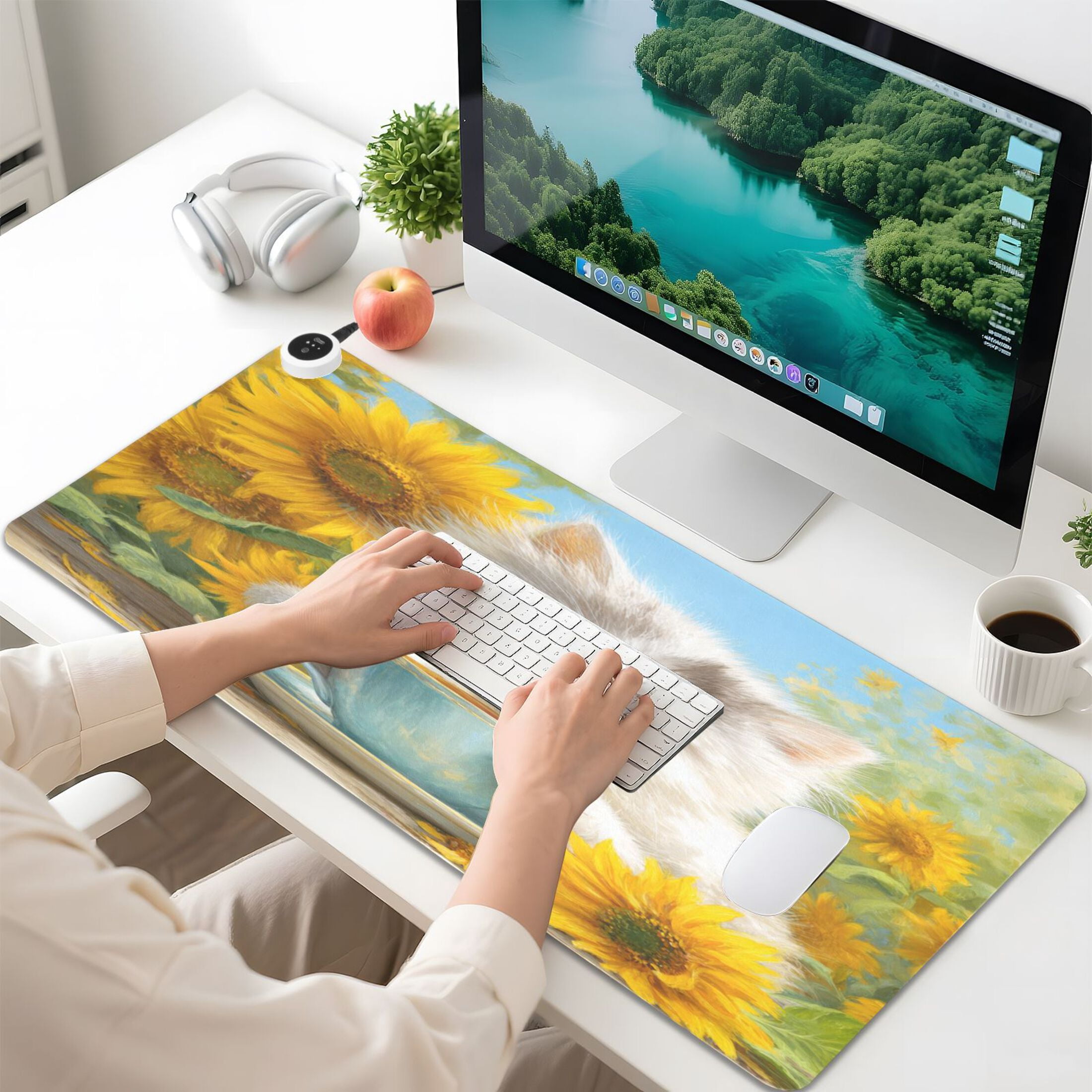 Large Heated Desk Mat Mouse Pad 31.5"x13"PU Leather Graphene Heating Desk Warmer with 3 Temperature Settings 110V US Plug Non-Slip Warm Pad for Home, Office, and Gaming Elegant Blue-eyed White Cat