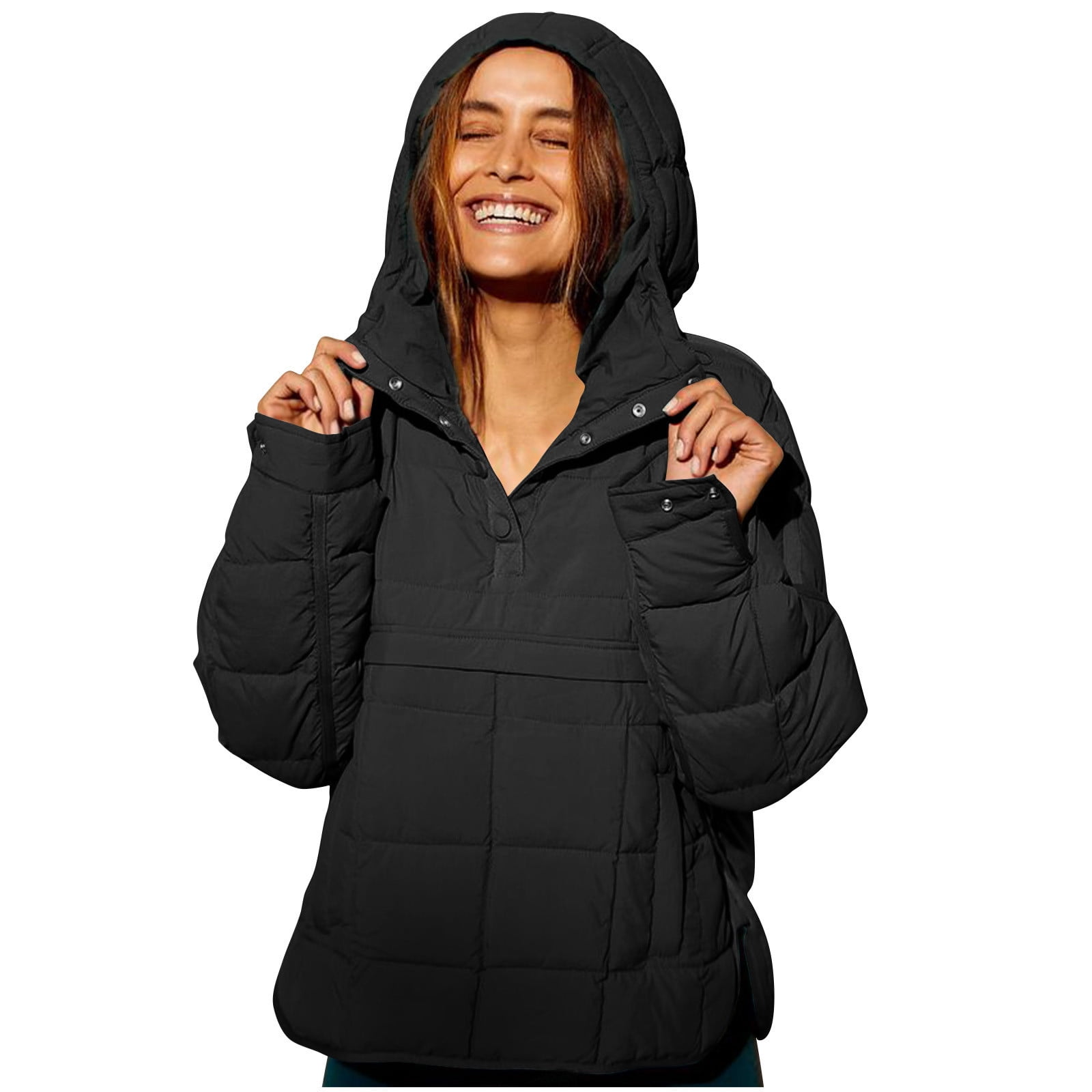 QUYUON Pullover Hooded Quilted Jacket for Women Winter Button up Long Sleeve Puffer Jackets Hoodies Sweatshirts Tops Padded Coat Outerwear Side Split Parkas Style C-32 Black M